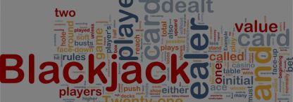 A word-concept illustration with blackjack in bold red amongst other blackjack related words in various colors isolated on white