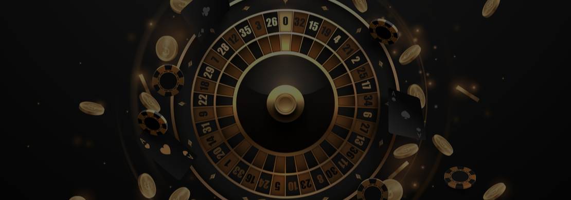 A black and gold illustration of a spinning roulette wheel with coins and casino chips swirling around it on a dark background