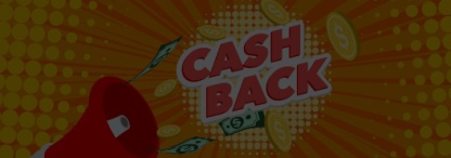 A red loudspeaker with the words cash back and dollar bills and coins on an orange and yellow retro comic book style background