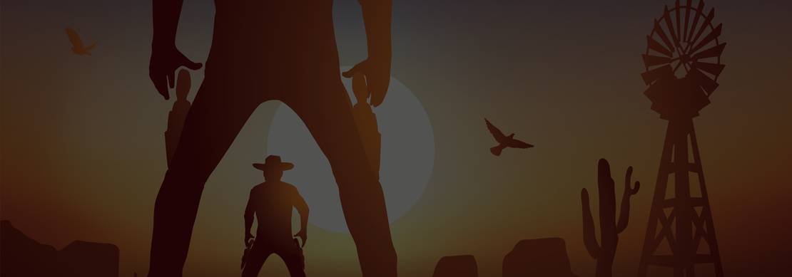 illustration of dueling cowboys in silhouette backed by a typical Wild West orange desert scene 