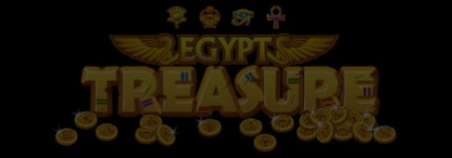 A golden Egypt Treasures sign with Egyptian symbols and gold coins on a black background