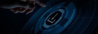 A digital concept with blue circles and a white download button with a human hand about to tap on it on a dark background