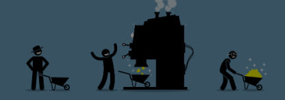A gold mining machine and stick figures with wheelbarrows, one filled with gold, all illustrated in black on a blue background