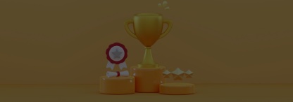 A 3D image of a winners podium with a golden tournament cup in first position on a yellow background