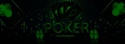 An illustration in black and neon green with the words POKER TOURNAMENT surrounded by dice and playing cards