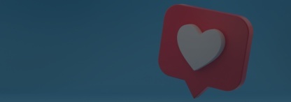 A social media type white heart icon in a red speech bubble on a light blue background