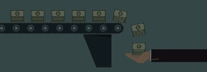 A 2D illustration of wads of bank notes on a conveyer belt falling into a man’s outstretched hand on a turqoise backround