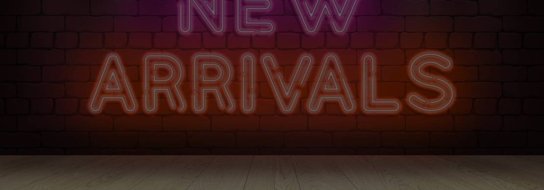 3D image of pink and orange neon lights spelling out ‘New Arrivals’ on a dark brick background