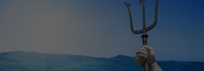 An image of a statue of a Greek god holding a trident against an ocean backdrop 