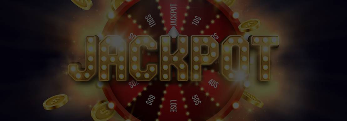 An illustration of a segmented prize wheel featuring gold coins and the word ‘Jackpot’ on a spotlight lit dark background.