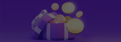 A violet gift box with gold Bitcoins coming out of it on a violet background