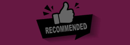 An illustration of a black speech bubble with recommended and a thumbs up in white on a pink background