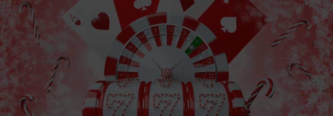 Festive 3D illustration in red and white with a 3 barrel slot, roulette wheel, cards and candy canes on a pink background
