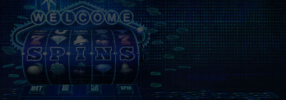 A blue abstract wireframe style image of a slot barrel with ‘welcome’ above it and ‘spins’ written across the reels