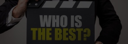 An image of a man in a black suit holding a clapperboard with the words ‘who is best’ on a grey background