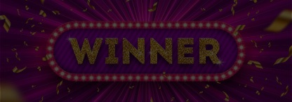 A retro winner signboard surrounded by lights with gold confetti on a purple background