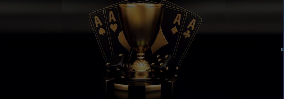 An illustration of four black Ace playing cards with gold writing with a gold trophy in front of them on a black background
