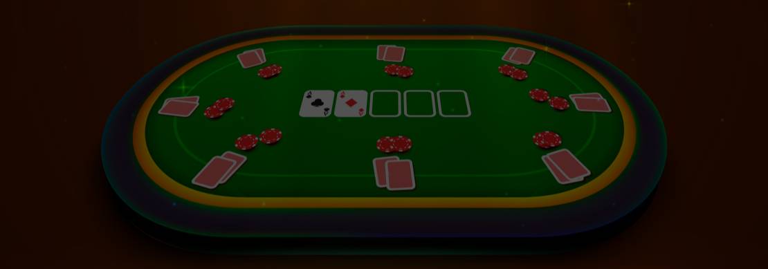A colorful depiction of an online poker game with eight players. Poker in gold is above the table and gold stars all around