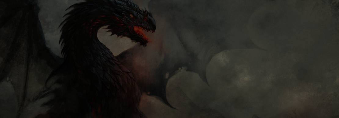 An illustration of a fierce looking black dragon with a fiery red tongue against a grey cloudy backdrop
