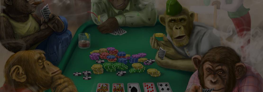 five monkeys playing poker each showing a different poker type: Thinker, casual player, egotist, insecure, unsure.