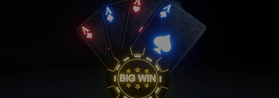 An illustration of an illuminated poker chip with ‘big win’ written on it with four plain illuminated aces on a dark background