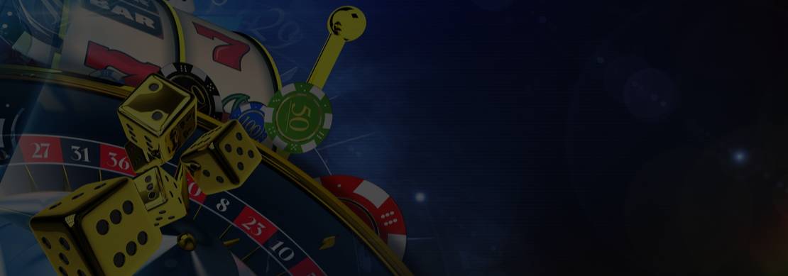 Partial images of a slot machine, roulette wheel, casino chips and dice on a dark blue background