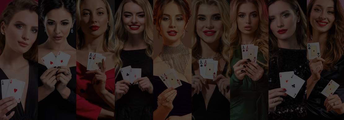 A collage of nine attractive women each holding a pair of aces, the best starting hand in Texas Holdem.