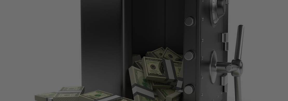 A 3D image of an open steel safe box on a white background, with wads of dollar bills spilling out