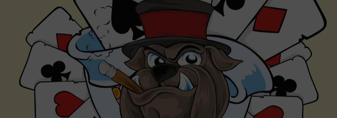 drawing of playing cards and a bull dog with a red hat smoking a cigar