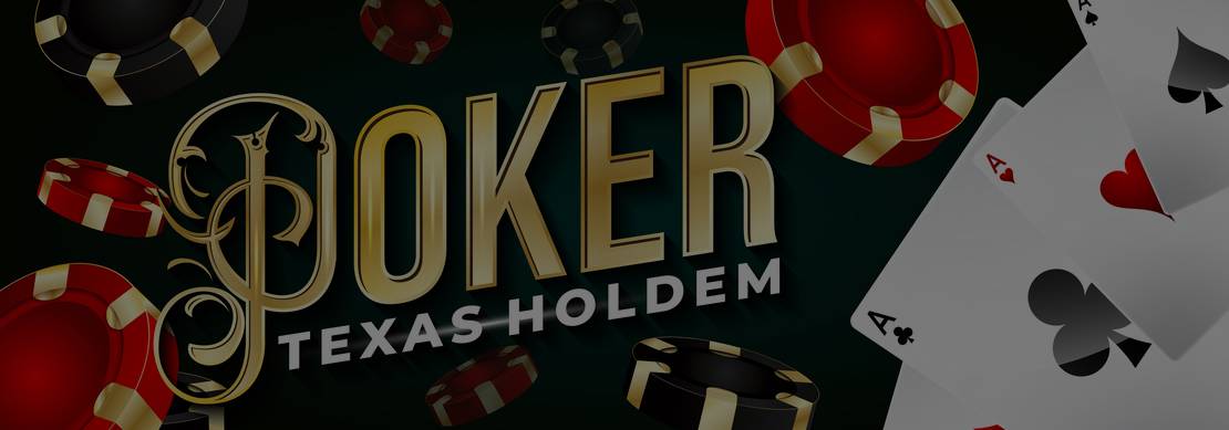 Poker Texas Holdem in retro letters on a black background with cards and chips flying around