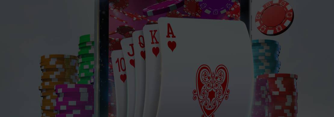A 3D illustrated royal flush popping out of a tablet screen with columns of colourful chip stacks on either side