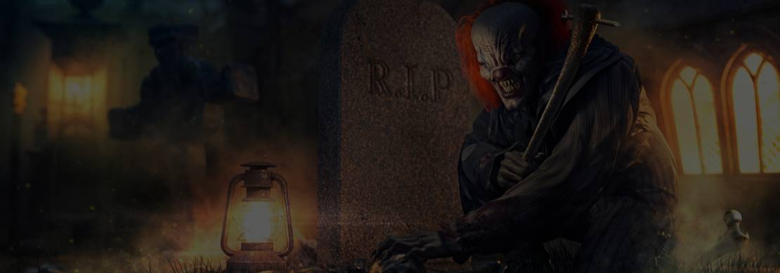 A 3D realistic illustration of a scary clown in a graveyard at night