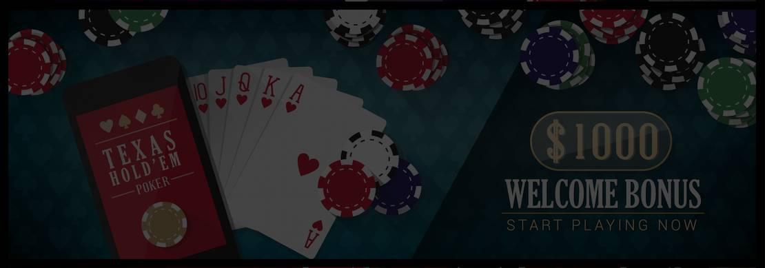 a few hands holding cards in Texas Holdem. The screen offers a sign-up bonus. New palyers are invited to sign up.