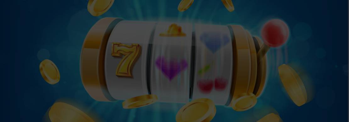 An illustration of a slot machine barrel with number 7 and other coloured symbols along with gold coins on a blue background