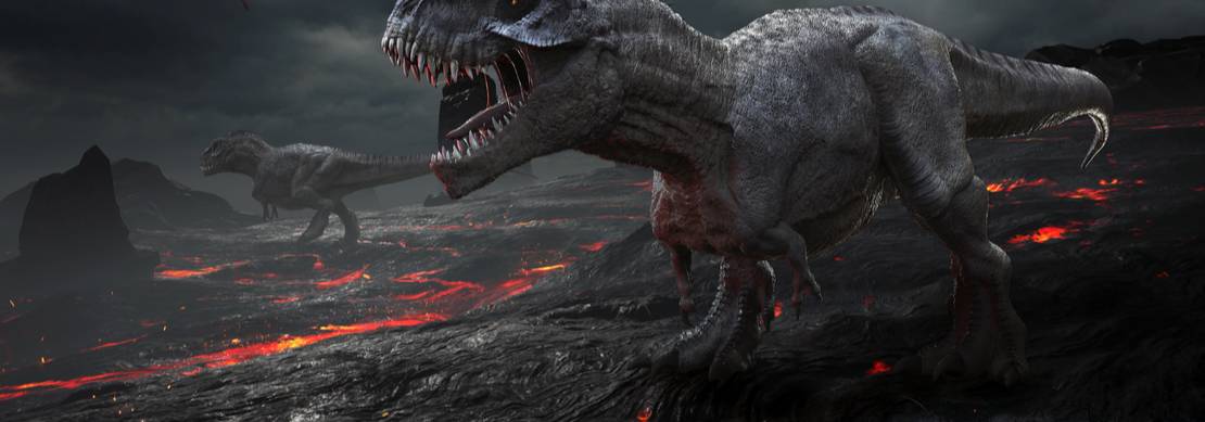 Two T-Rex dinosaurs in a dark environment with flowing lava and pterodactyls flying overhead.