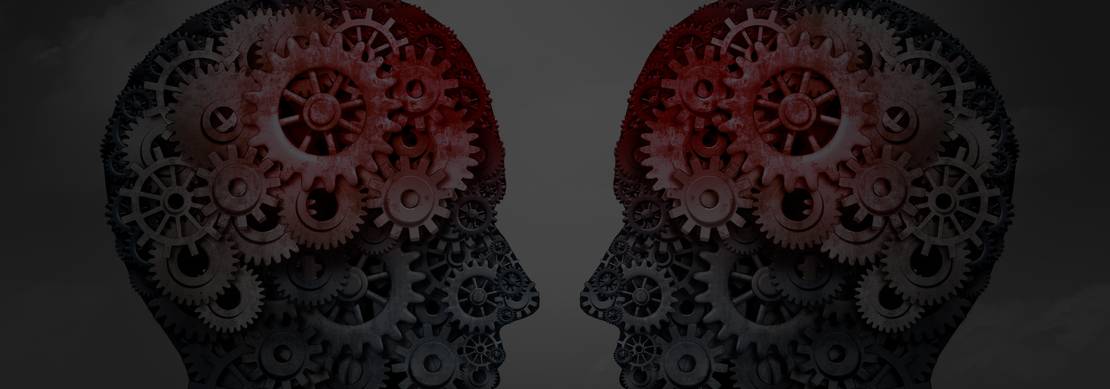 a graphic of two heads facing each other with their brain gears engaged as they try to figure out what the other one is thinking