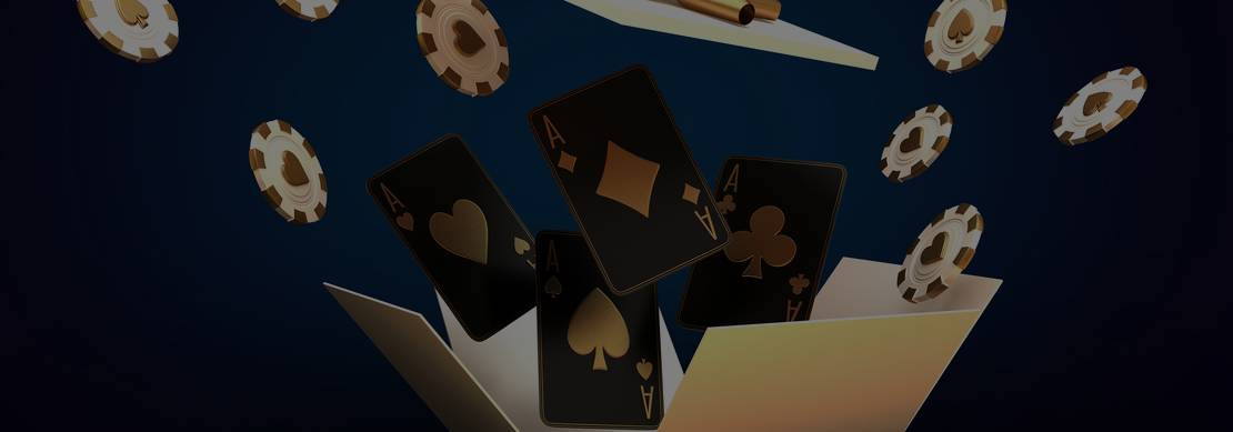 An illustration of an undone gift box with casino chips and cards and a gold bow on the lid on a blue background. 