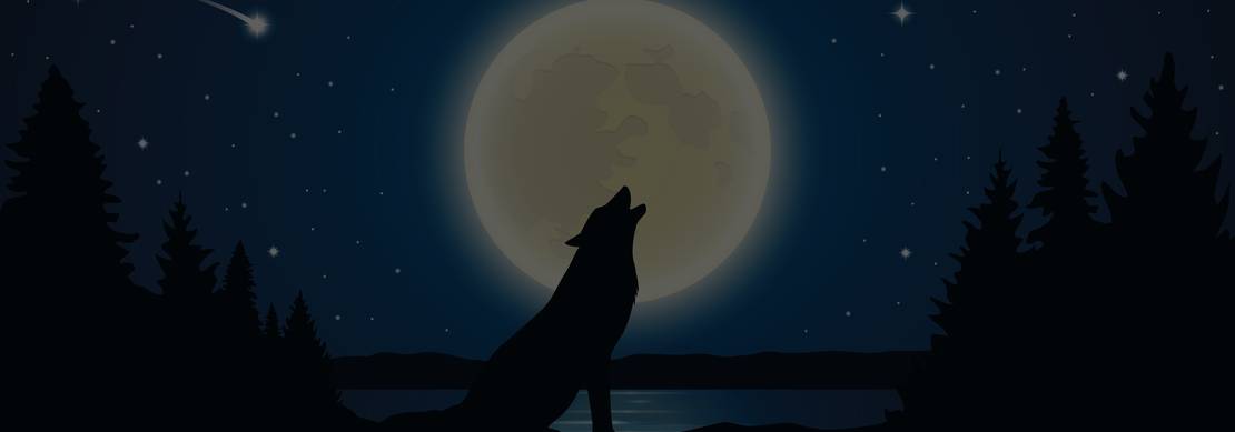 silhouette of a wolf howling at a full moon.